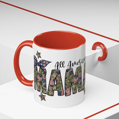 Mama Accent Coffee Mug — All American Patriotic Floral Flag Design (11/15 oz)