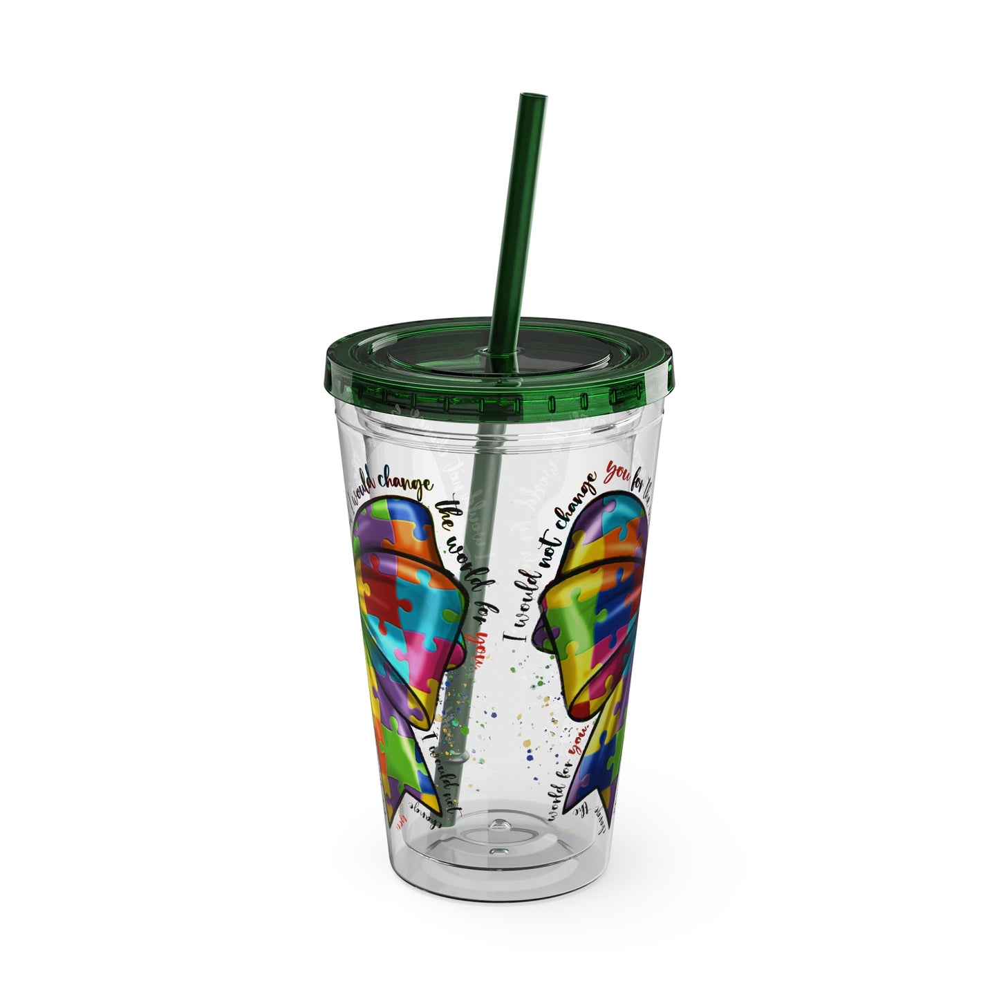 Autism Awareness Rainbow Puzzle Bow Tumbler with Straw, 16oz