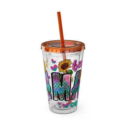 16oz Sunsplash Tumbler with Straw — Floral 'Because I Am' Colorful Sunflower Design