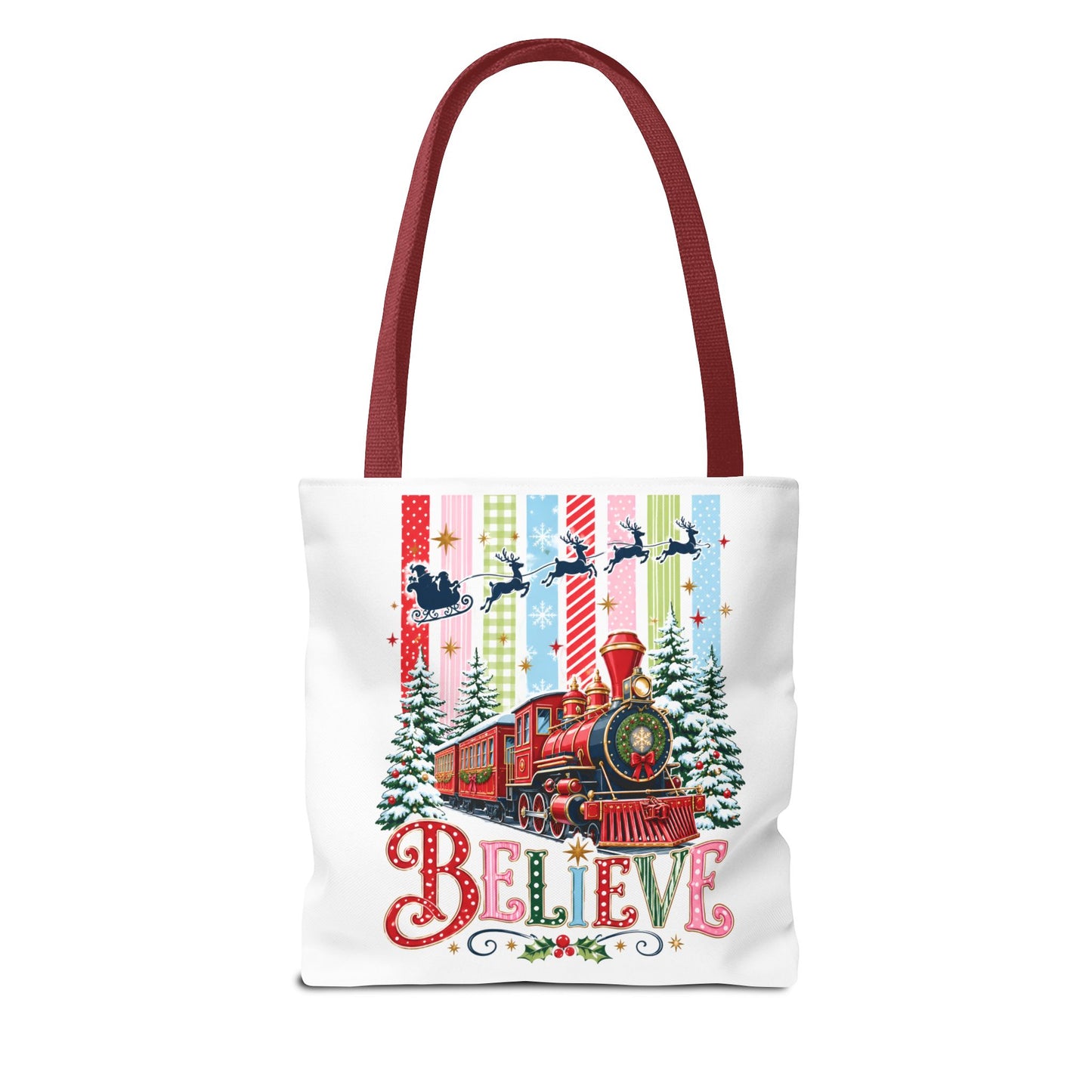Believe Christmas Tote Bag — Vintage Holiday Train Gift Tote