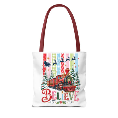 Believe Christmas Tote Bag — Vintage Holiday Train Gift Tote