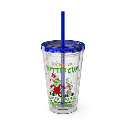 16oz Tumbler with Straw — 'Buckle Up Buttercup' Grinch Holiday Travel Cup