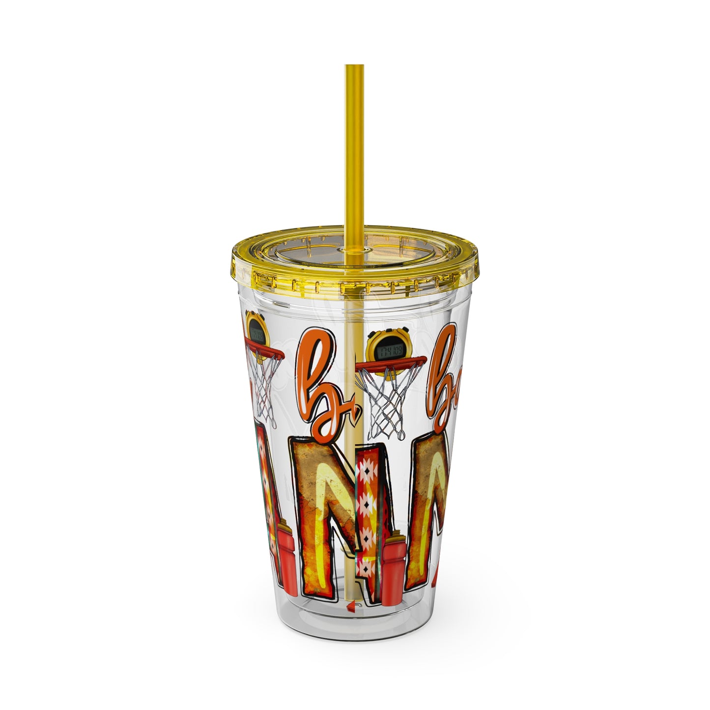Basketball Mom 16oz Tumbler with Straw — Leopard & Plaid Sunsplash Design