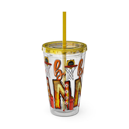 Basketball Mom 16oz Tumbler with Straw — Leopard & Plaid Sunsplash Design