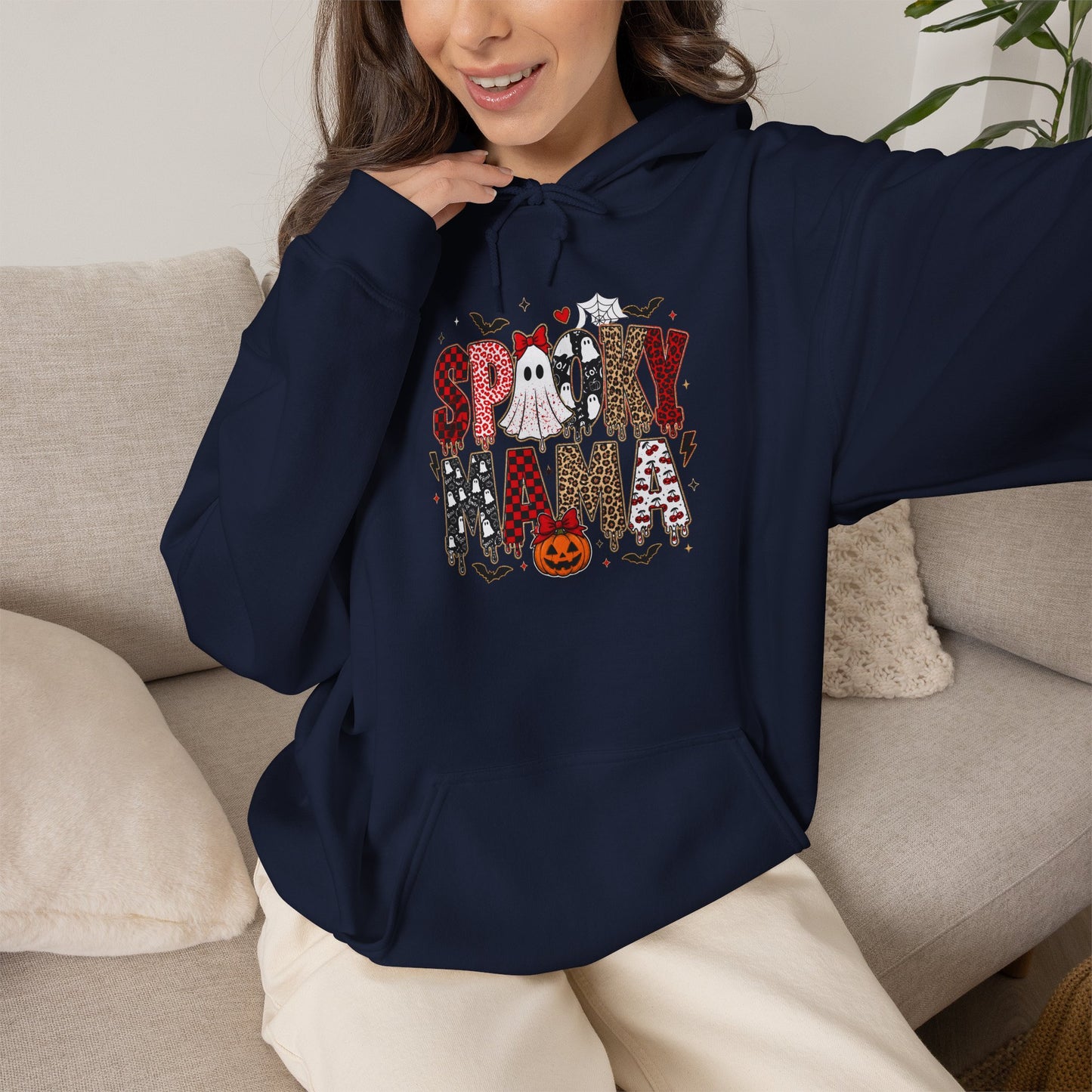 Spooky Mama Hoodie - Cute Halloween Mom Sweatshirt with Pumpkin & Ghosts