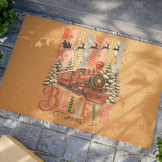 Believe Christmas Doormat – Vintage Train Holiday Welcome Mat
