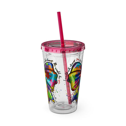 Autism Awareness Rainbow Puzzle Bow Tumbler with Straw, 16oz