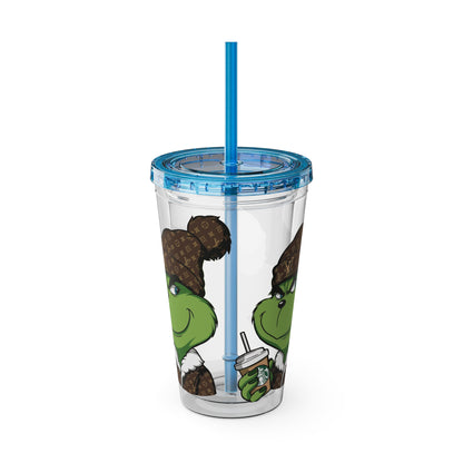 16oz Tumbler — Grinch in Designer Beanie Clear Straw Cup