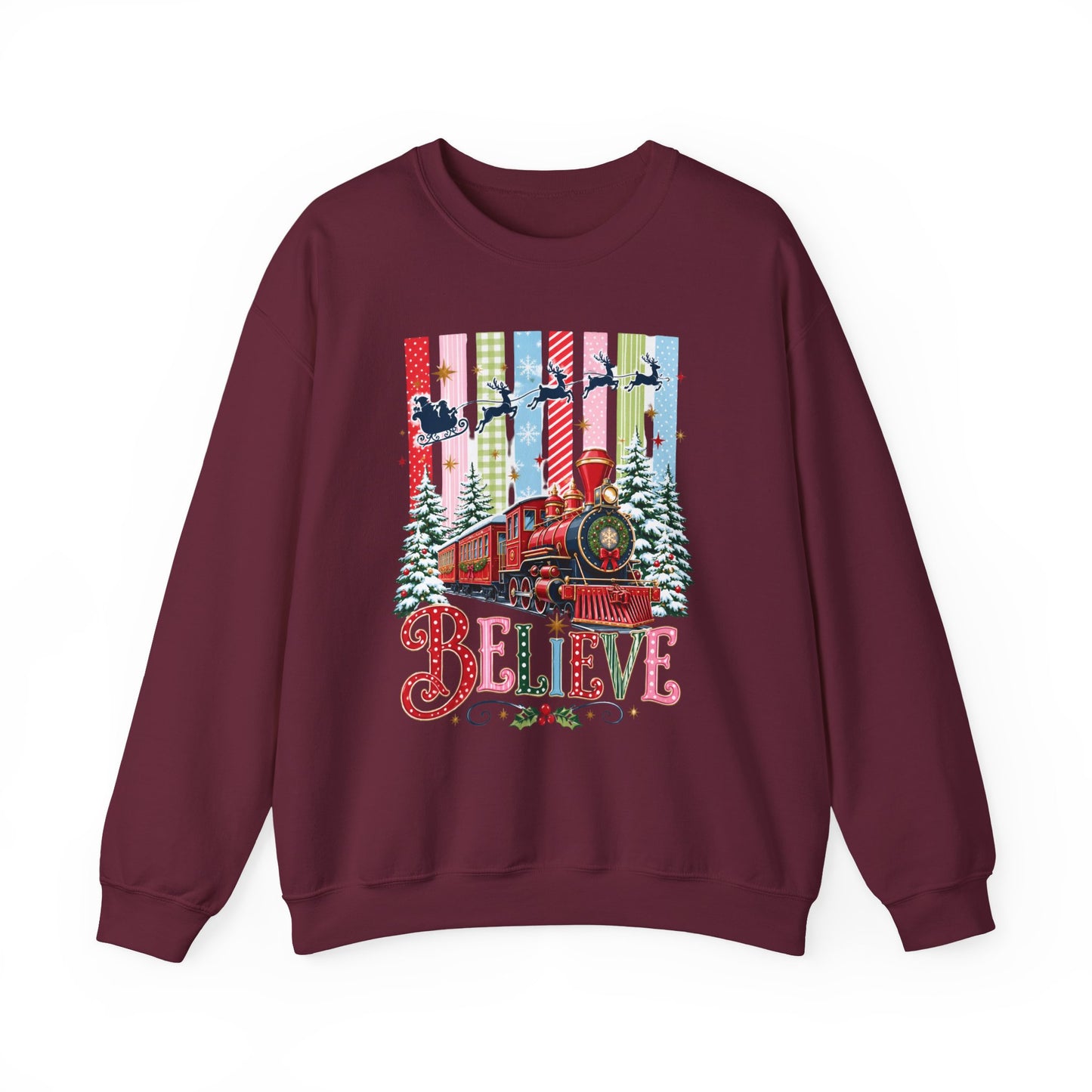Believe Christmas Crewneck Sweatshirt — Vintage Holiday Train & Santa Silhouette
