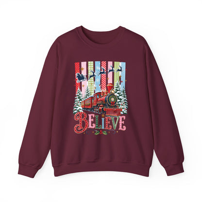 Believe Christmas Crewneck Sweatshirt — Vintage Holiday Train & Santa Silhouette