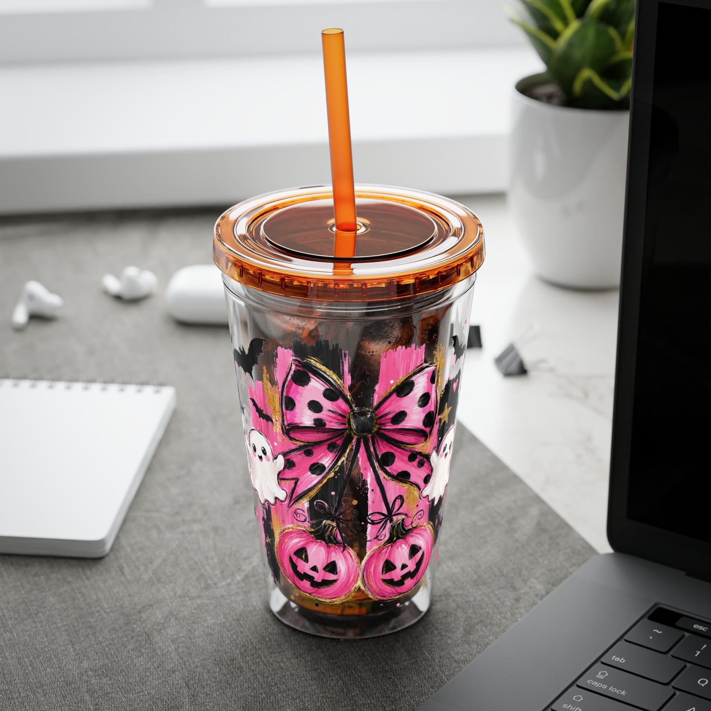 Halloween Pink Ghost Tumbler with Straw — 16oz Cute Pumpkin & Bow Drink Cup