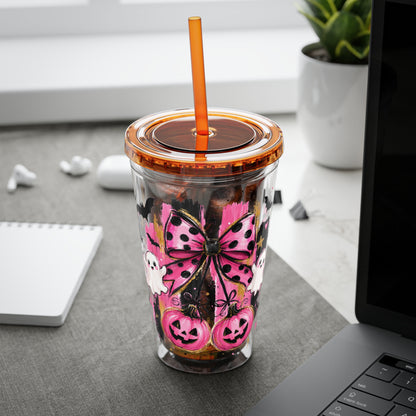 Halloween Pink Ghost Tumbler with Straw — 16oz Cute Pumpkin & Bow Drink Cup
