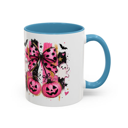 Halloween Pink Pumpkin Coffee Mug — Cute Ghosts & Bow Accent Mug (11/15oz)