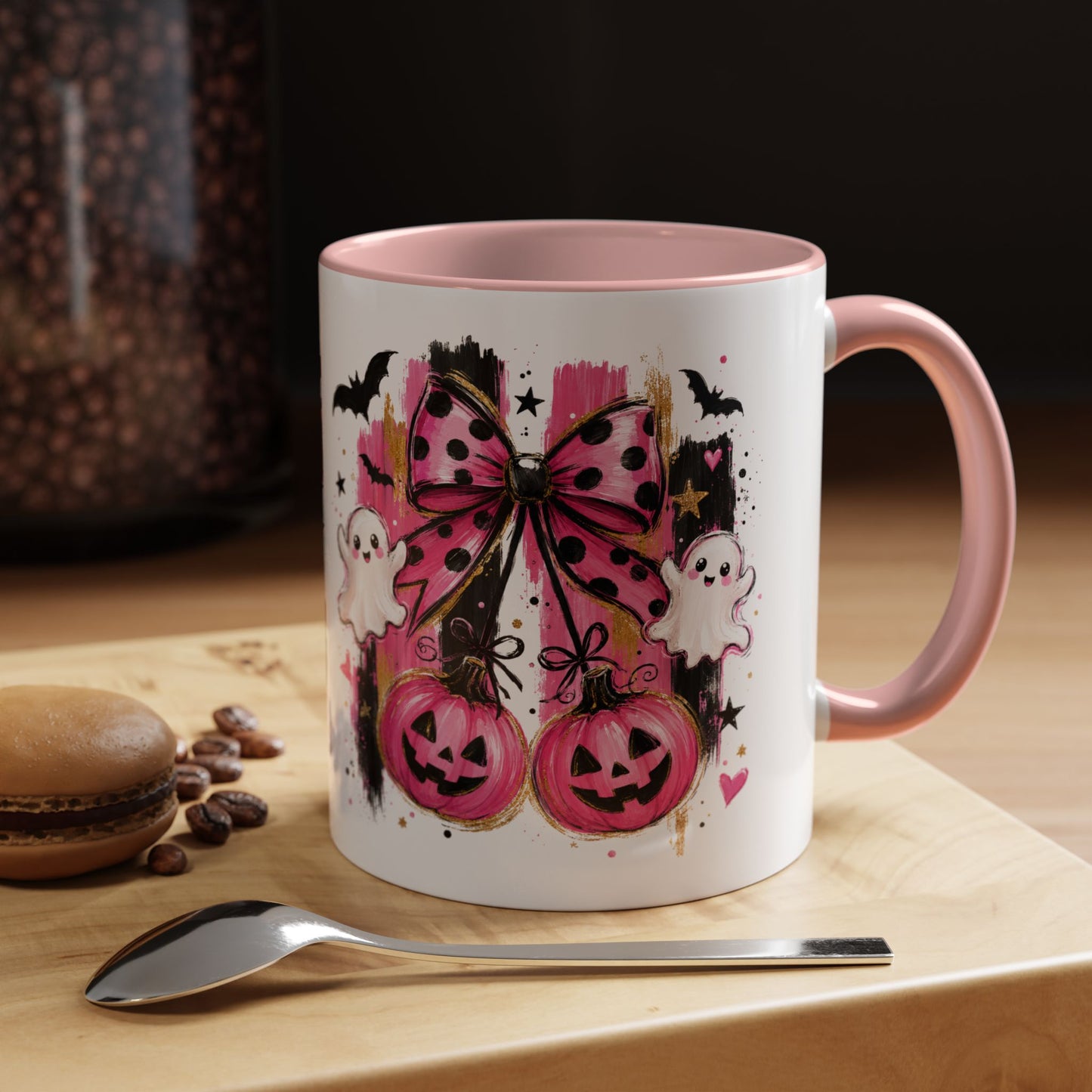 Halloween Pink Pumpkin Coffee Mug — Cute Ghosts & Bow Accent Mug (11/15oz)