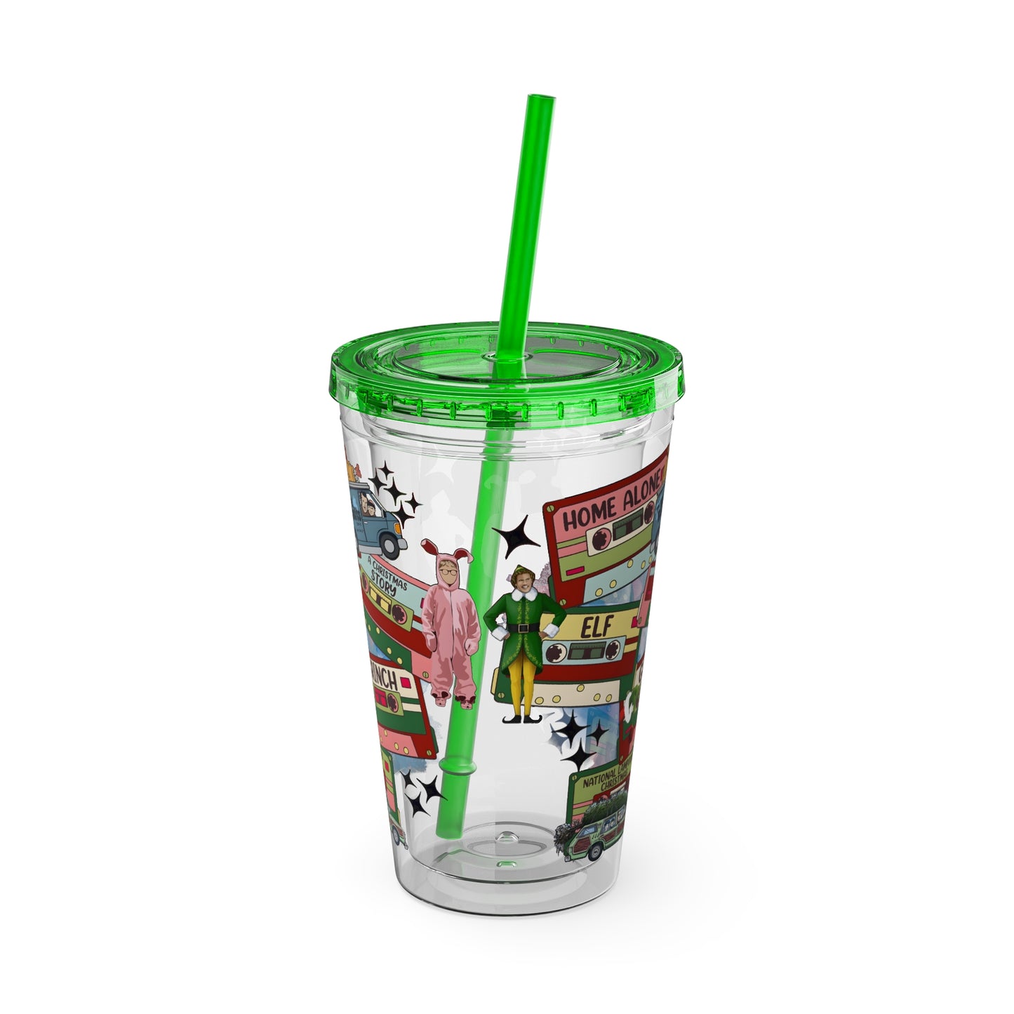 Holiday Movie Vans 16oz Tumbler with Straw – Christmas Classics Design (Home Alone, Elf, Grinch)