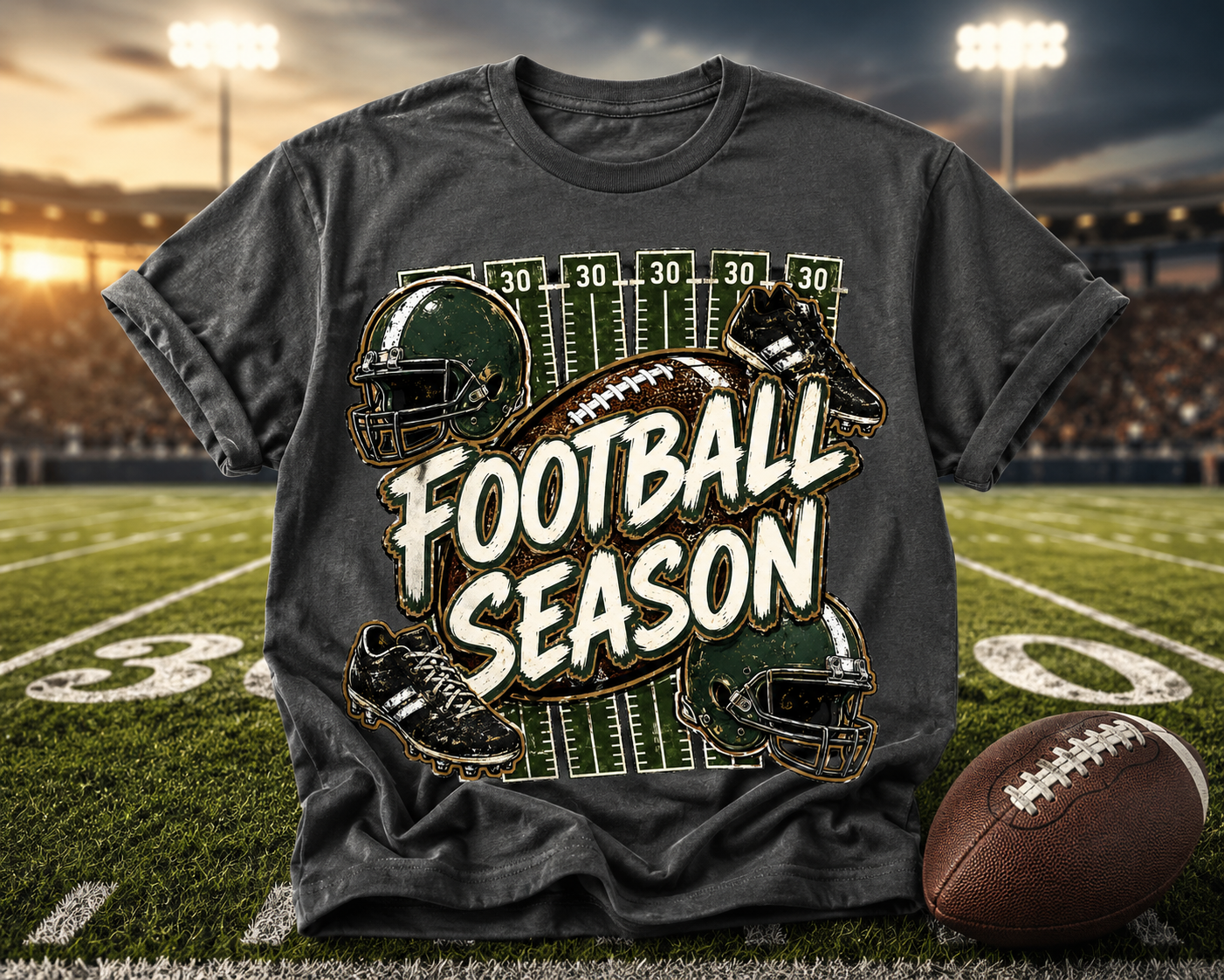 Football Season Graphic Tee Vintage Helmet & Ball Design