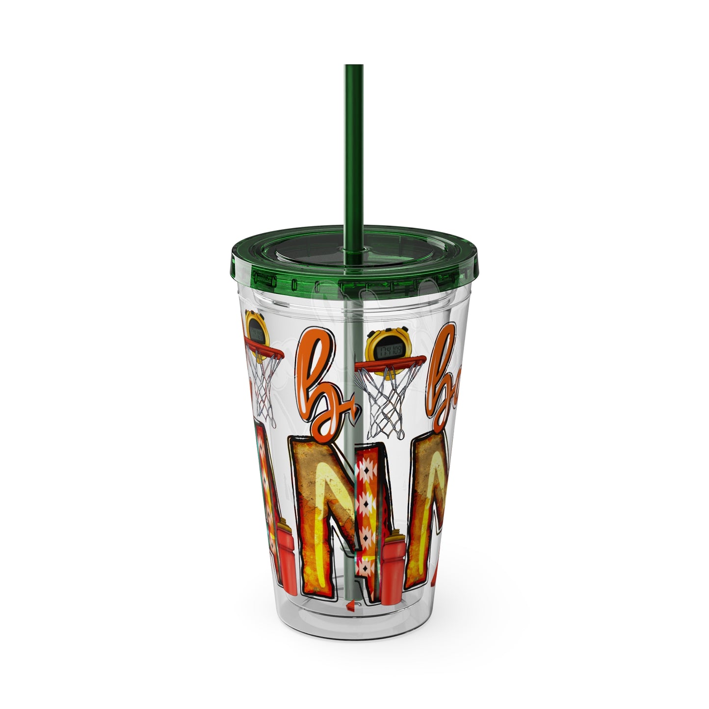Basketball Mom 16oz Tumbler with Straw — Leopard & Plaid Sunsplash Design