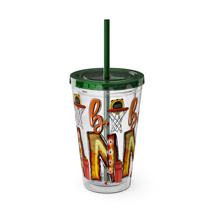 Basketball Mom 16oz Tumbler with Straw — Leopard & Plaid Sunsplash Design