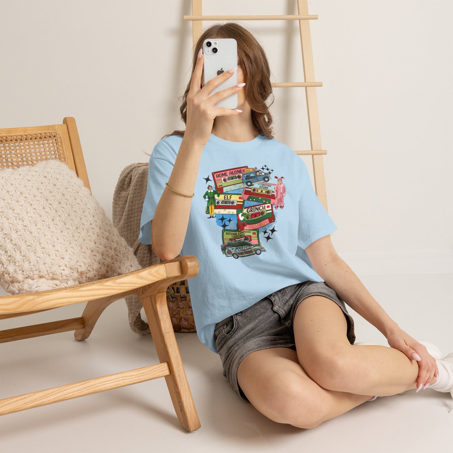 Retro Holiday Movie Stack T-Shirt — Elf, Grinch & Classic Christmas Cars Graphic Tee