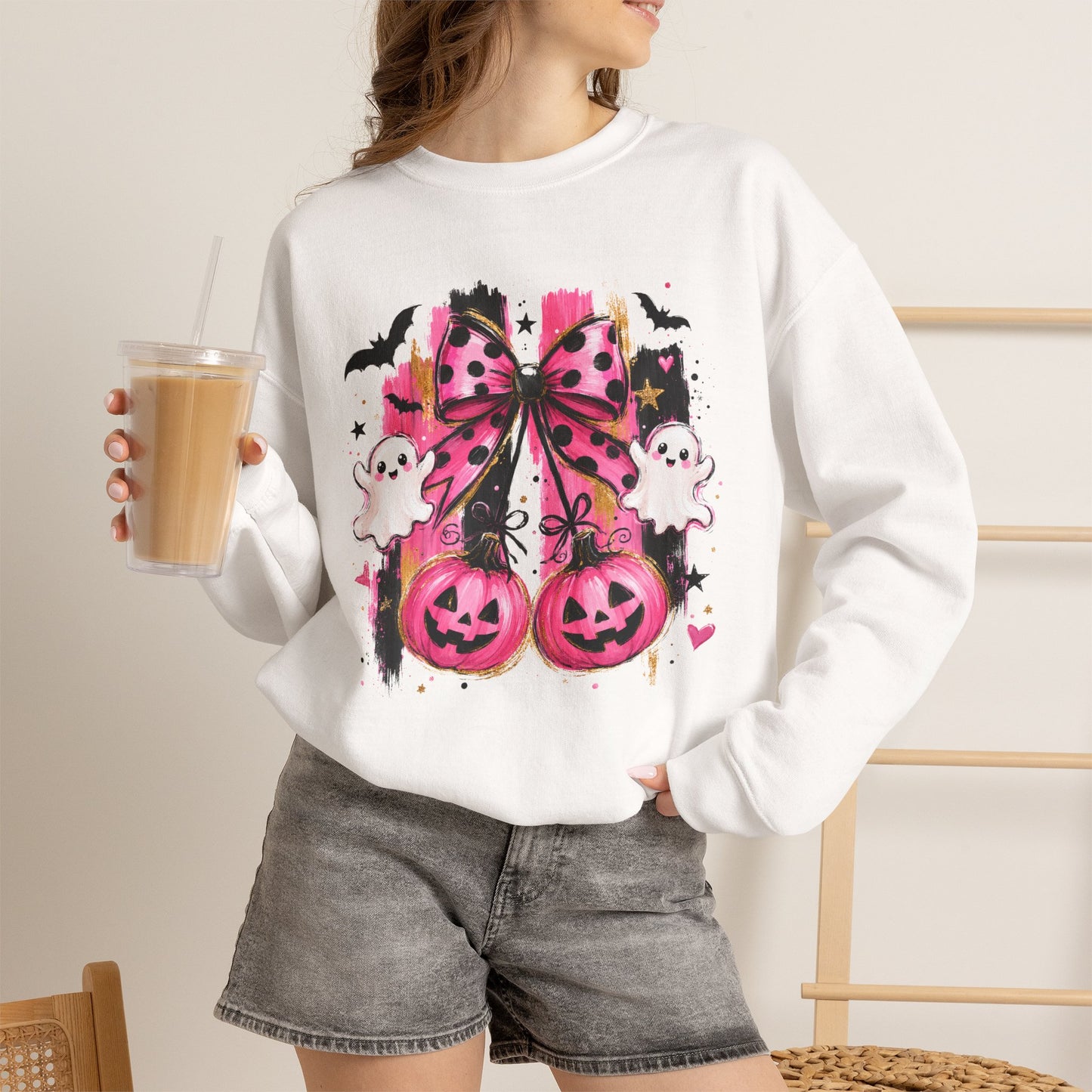 Halloween Pink Pumpkin Crewneck Sweatshirt — Cute Ghosts & Bow Graphic