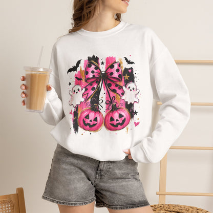 Halloween Pink Pumpkin Crewneck Sweatshirt — Cute Ghosts & Bow Graphic