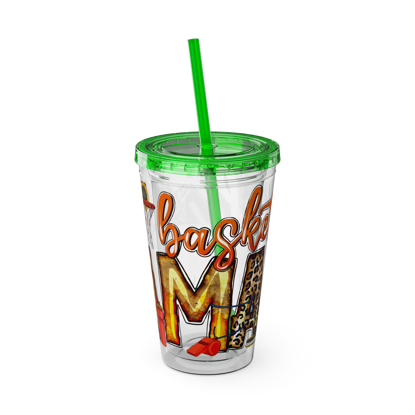 Basketball Mom 16oz Tumbler with Straw — Leopard & Plaid Sunsplash Design