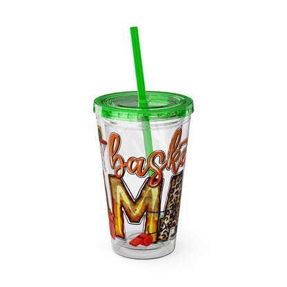 Basketball Mom 16oz Tumbler with Straw — Leopard & Plaid Sunsplash Design