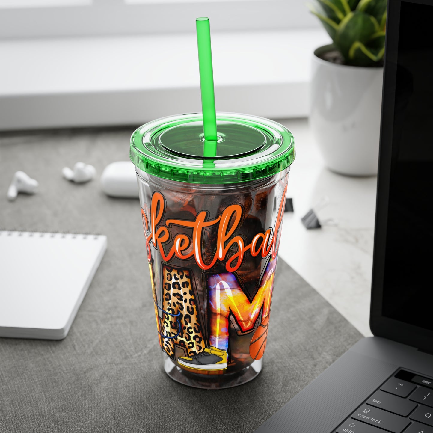 Basketball Mom 16oz Tumbler with Straw — Leopard & Plaid Sunsplash Design