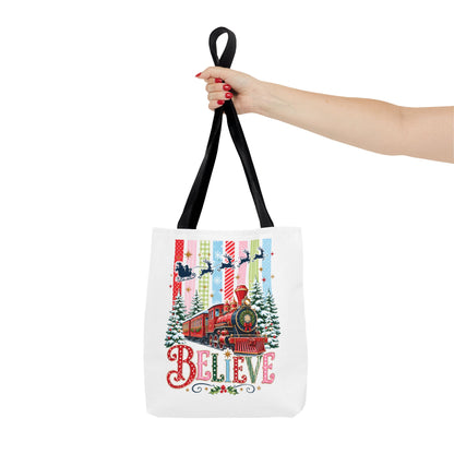 Believe Christmas Tote Bag — Vintage Holiday Train Gift Tote