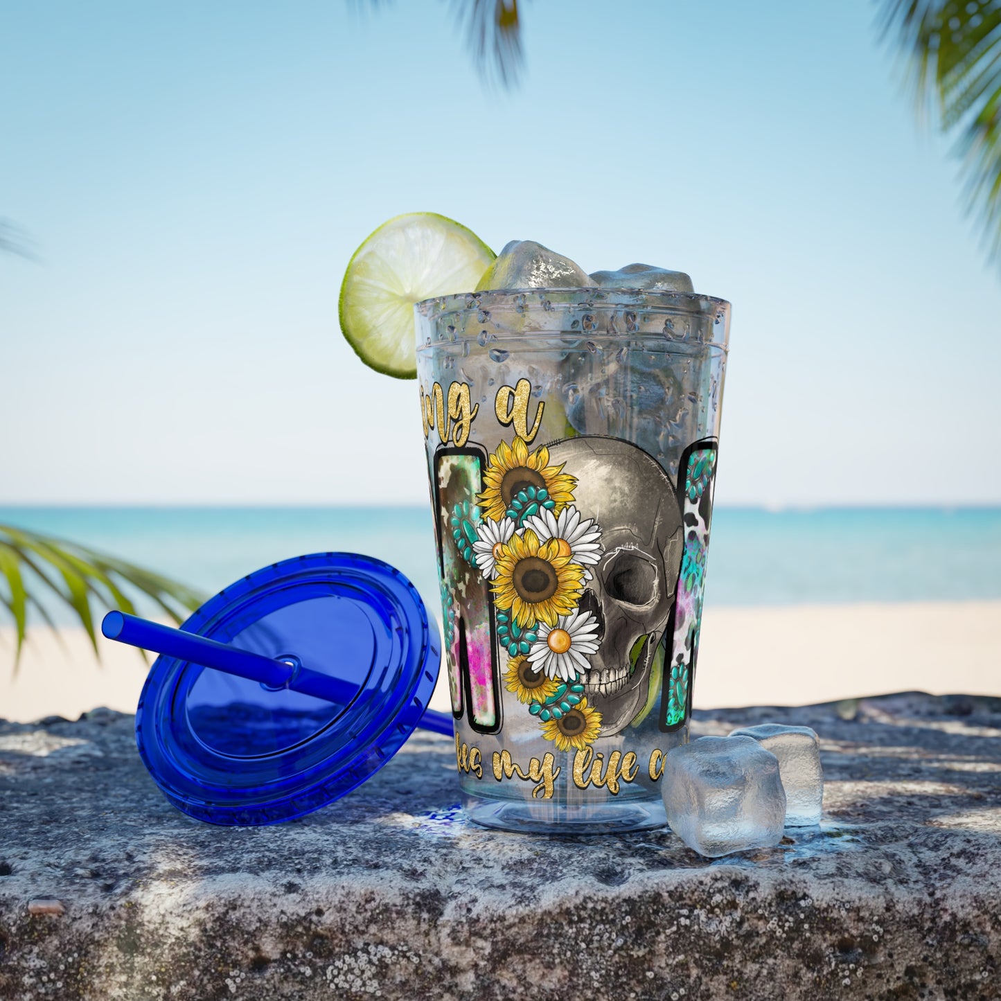16oz Tumbler with Straw - "Being You" Floral Skull Cold Drink Cup Sunsplash Skull & Sunflower