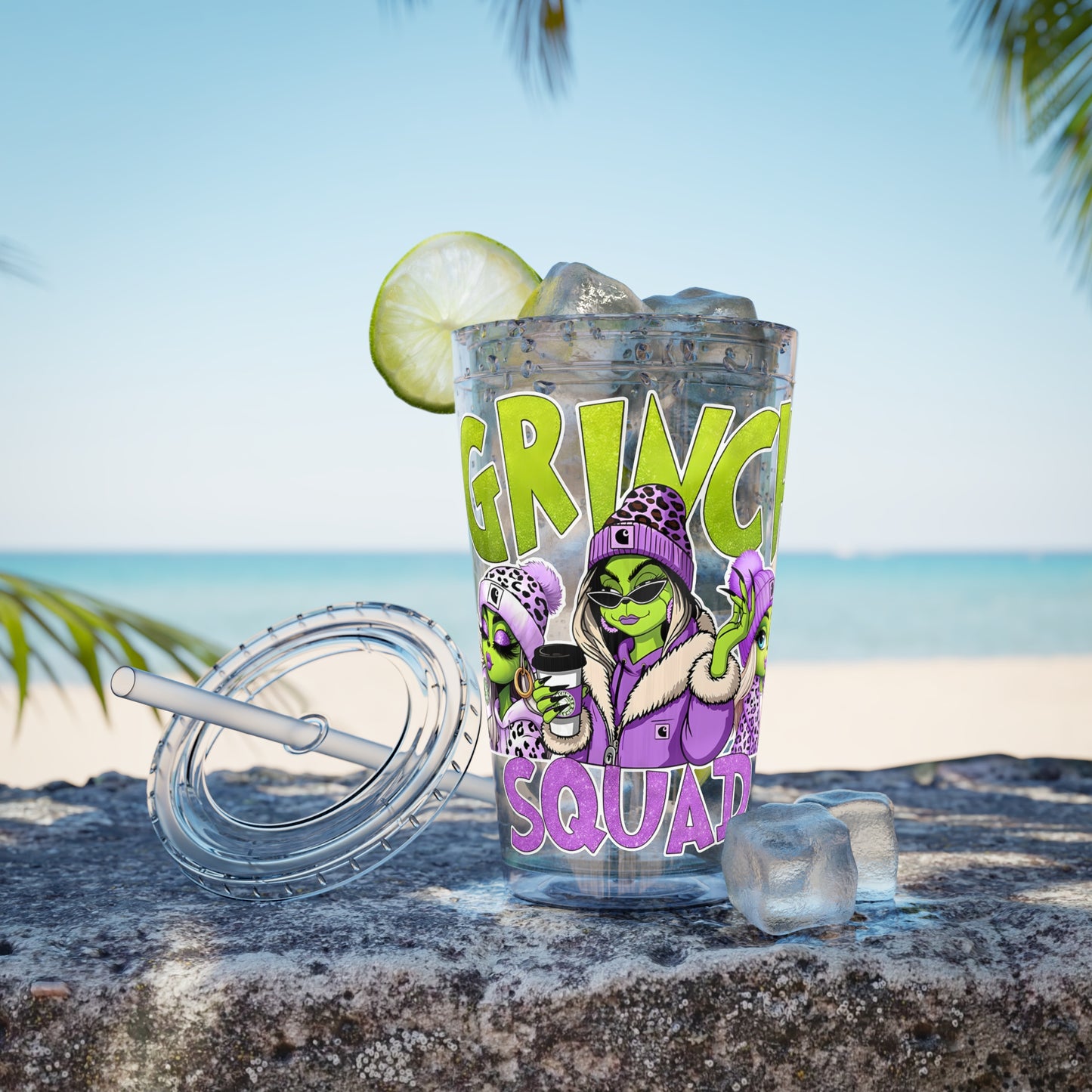 Grinch Squad 16oz Tumbler with Straw — Holiday Party Drink Cup