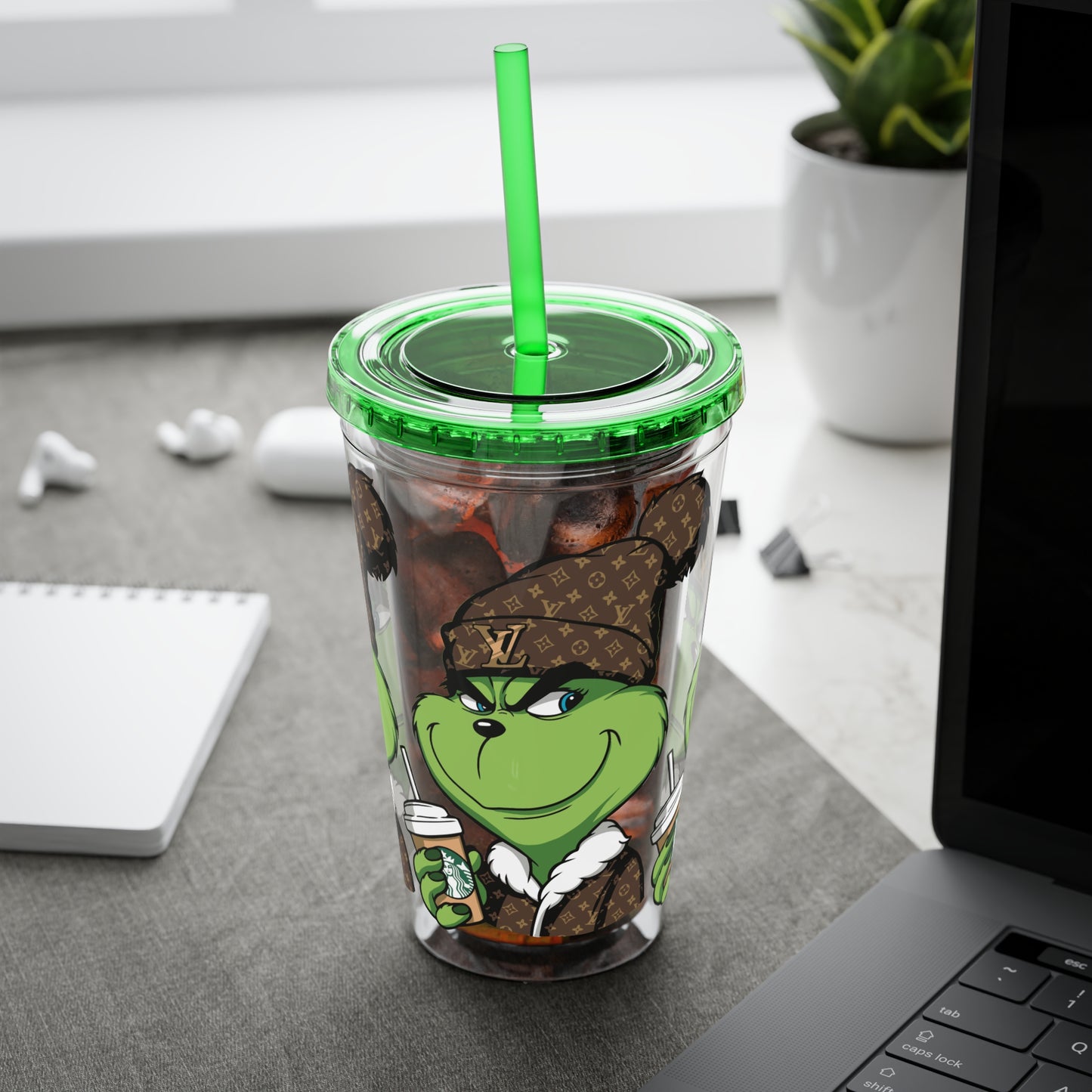 16oz Tumbler — Grinch in Designer Beanie Clear Straw Cup