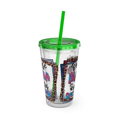 16oz Tumbler with Straw — "Because Mama Runs This…" Leopard Accent Travel Cup
