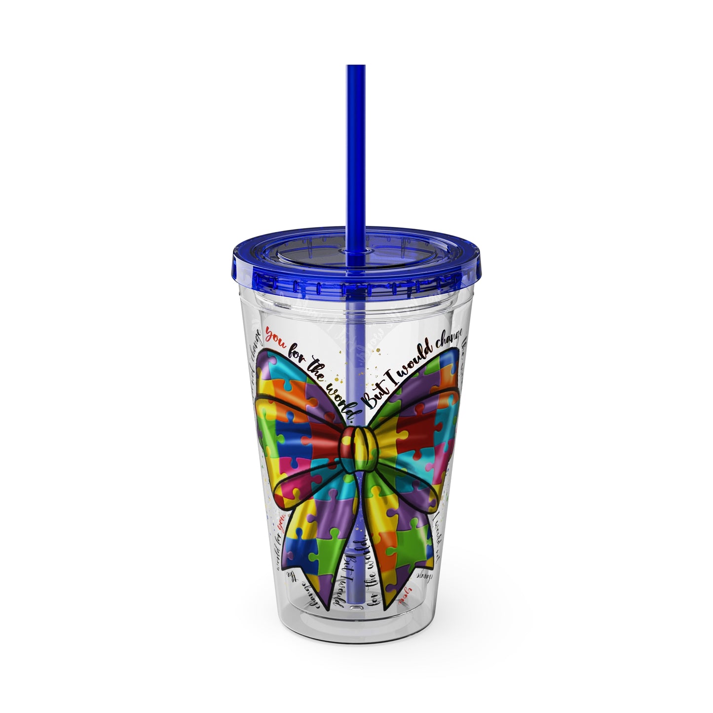 Autism Awareness Rainbow Puzzle Bow Tumbler with Straw, 16oz