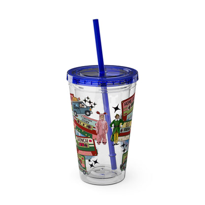 Holiday Movie Vans 16oz Tumbler with Straw – Christmas Classics Design (Home Alone, Elf, Grinch)