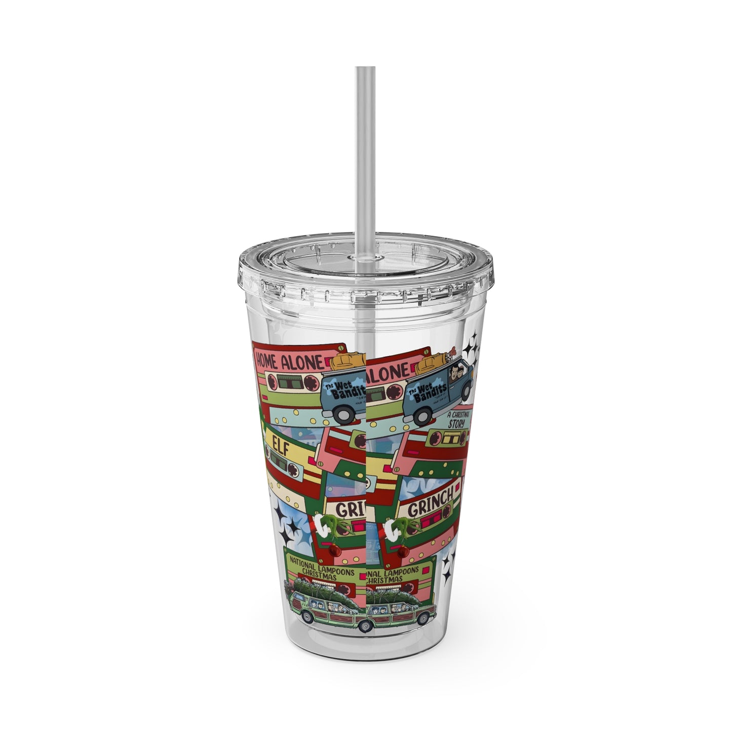 Holiday Movie Vans 16oz Tumbler with Straw – Christmas Classics Design (Home Alone, Elf, Grinch)