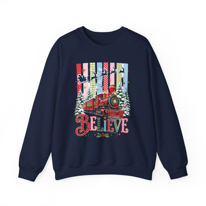 Believe Christmas Crewneck Sweatshirt — Vintage Holiday Train & Santa Silhouette