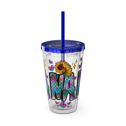 16oz Sunsplash Tumbler with Straw — Floral 'Because I Am' Colorful Sunflower Design