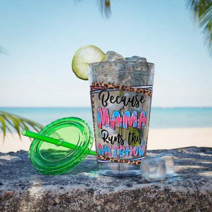 16oz Tumbler with Straw — "Because Mama Runs This…" Leopard Accent Travel Cup