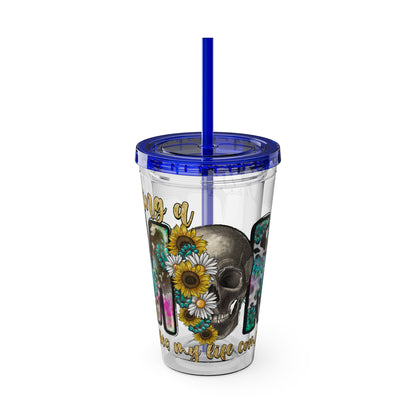 16oz Tumbler with Straw - "Being You" Floral Skull Cold Drink Cup Sunsplash Skull & Sunflower
