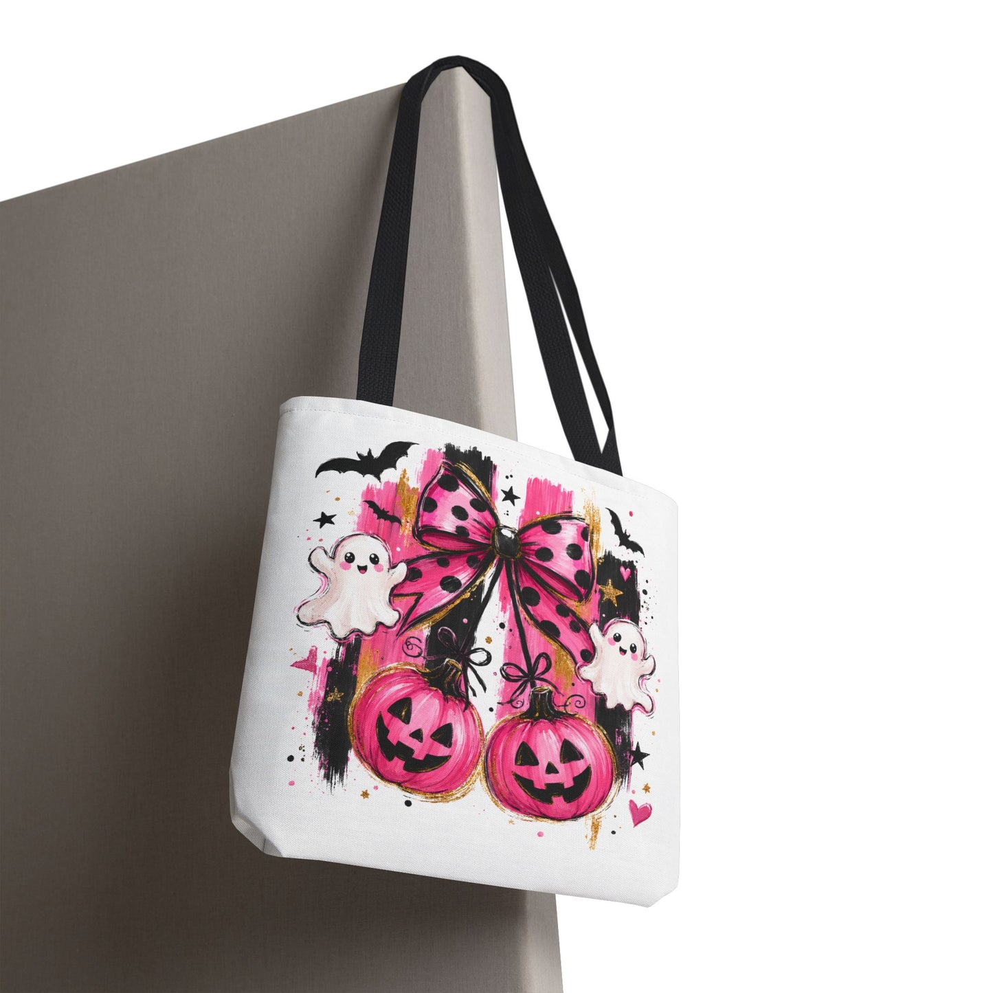 Halloween Pink Bow Tote Bag — Cute Ghosts & Jack-o'-Lanterns AOP