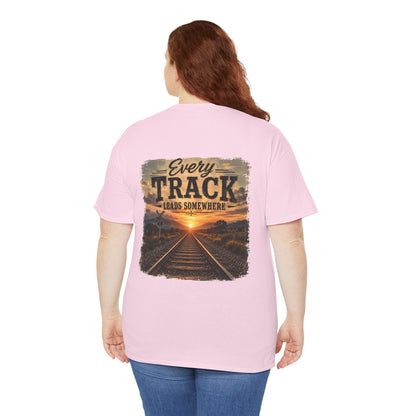 "Every Track Leads Somewhere" Sunset Railroad Graphic Tee