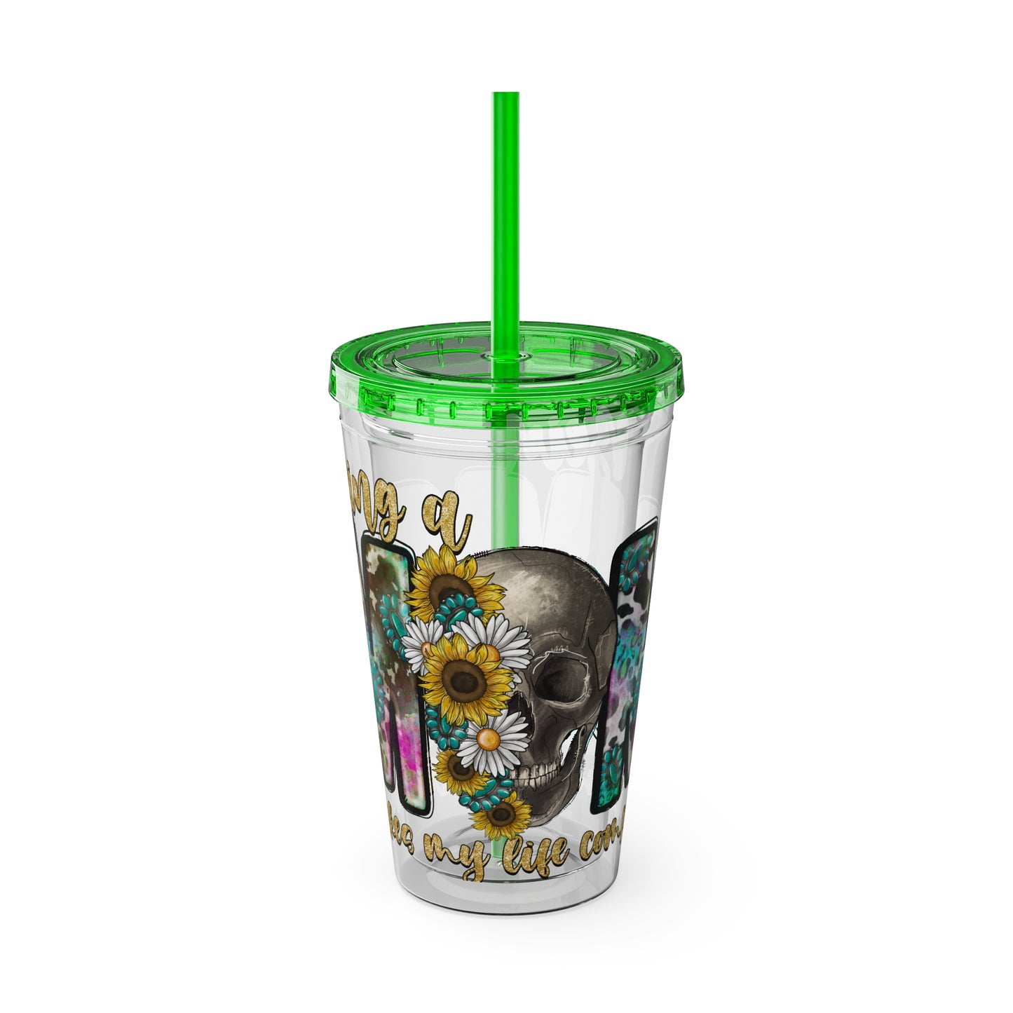 16oz Tumbler with Straw - "Being You" Floral Skull Cold Drink Cup Sunsplash Skull & Sunflower