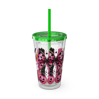 Halloween Pink Ghost Tumbler with Straw — 16oz Cute Pumpkin & Bow Drink Cup