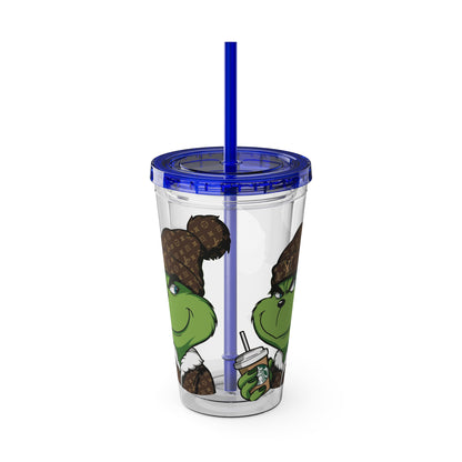 16oz Tumbler — Grinch in Designer Beanie Clear Straw Cup