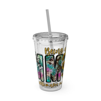 16oz Tumbler with Straw - "Being You" Floral Skull Cold Drink Cup Sunsplash Skull & Sunflower