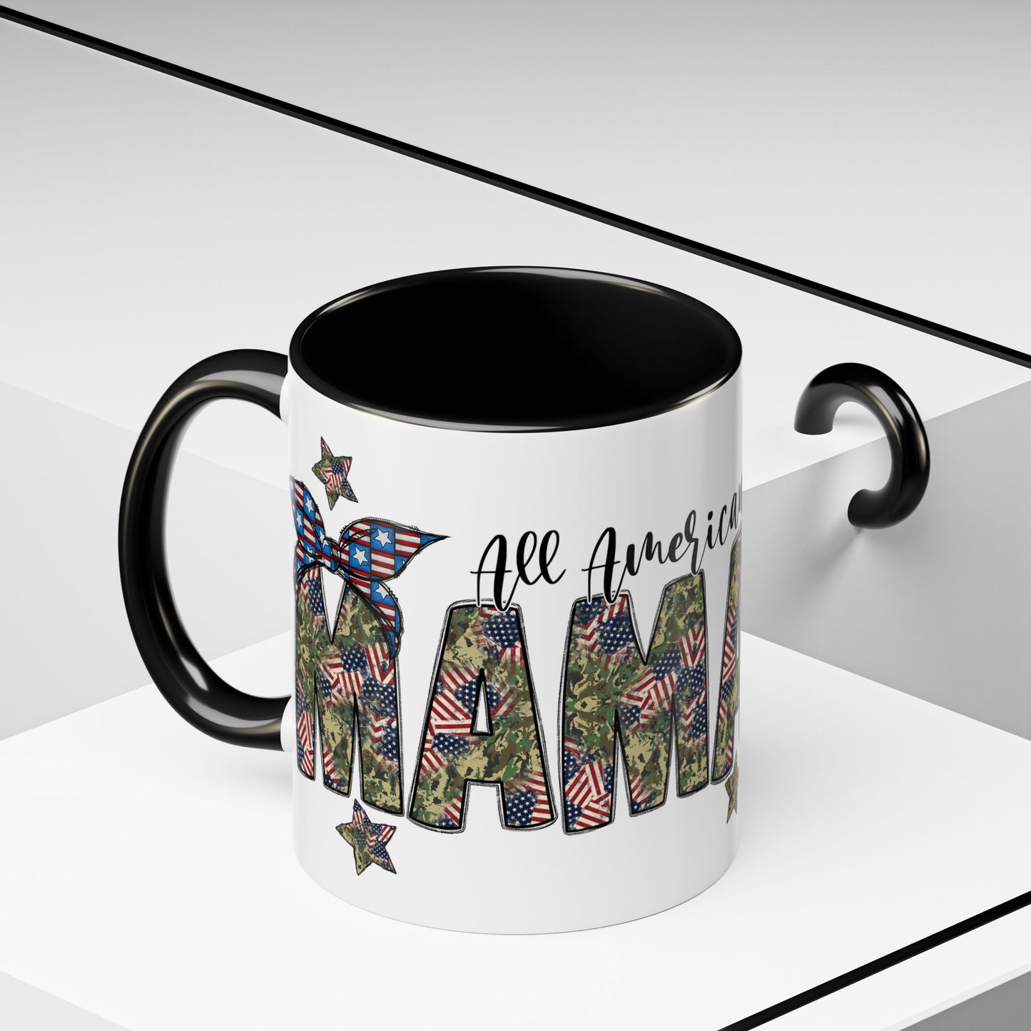 Mama Accent Coffee Mug — All American Patriotic Floral Flag Design (11/15 oz)