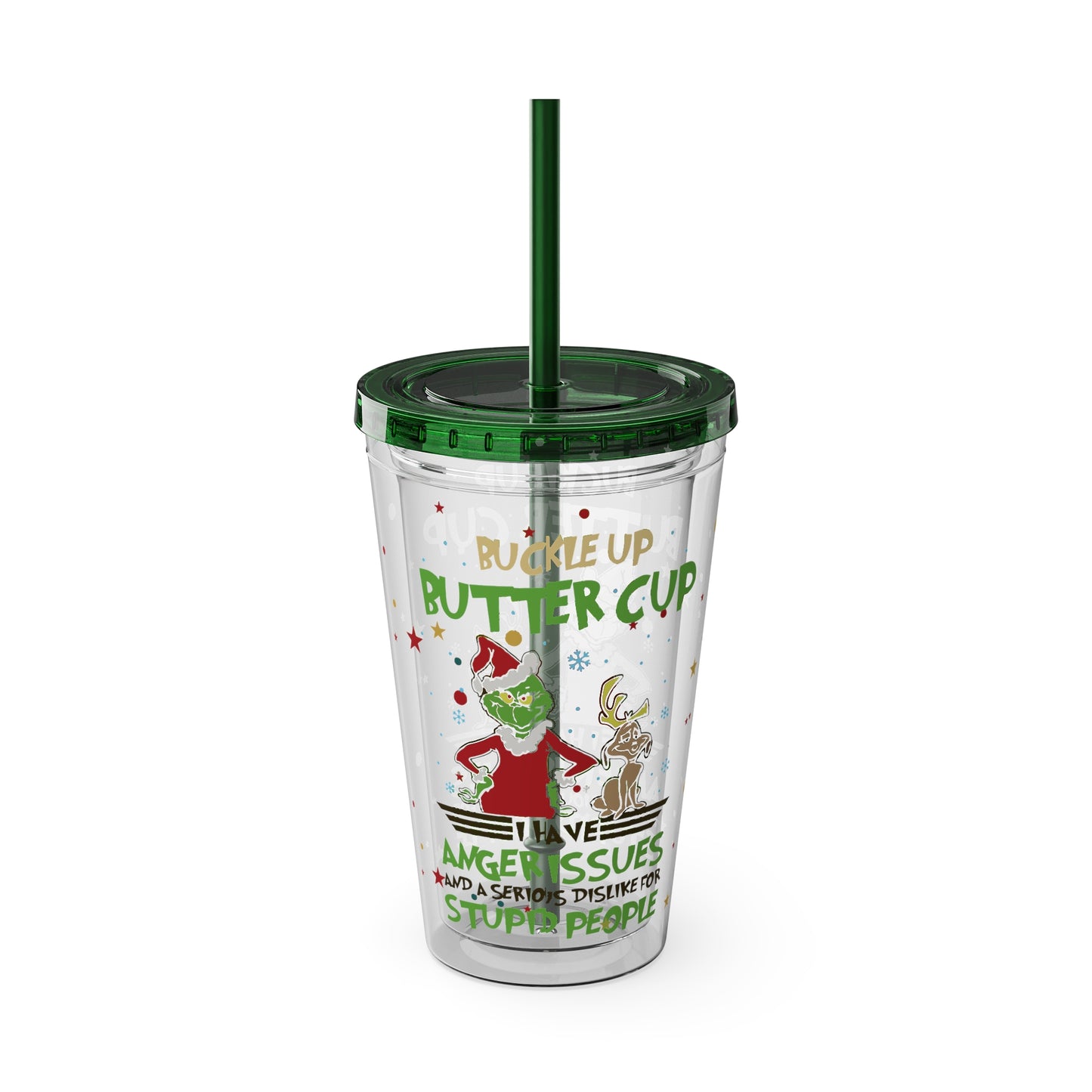 16oz Tumbler with Straw — 'Buckle Up Buttercup' Grinch Holiday Travel Cup