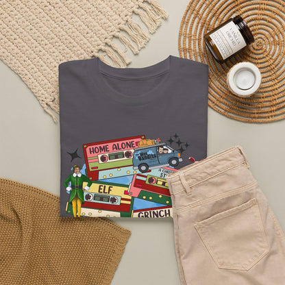 Retro Holiday Movie Stack T-Shirt — Elf, Grinch & Classic Christmas Cars Graphic Tee