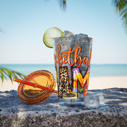 Basketball Mom 16oz Tumbler with Straw — Leopard & Plaid Sunsplash Design